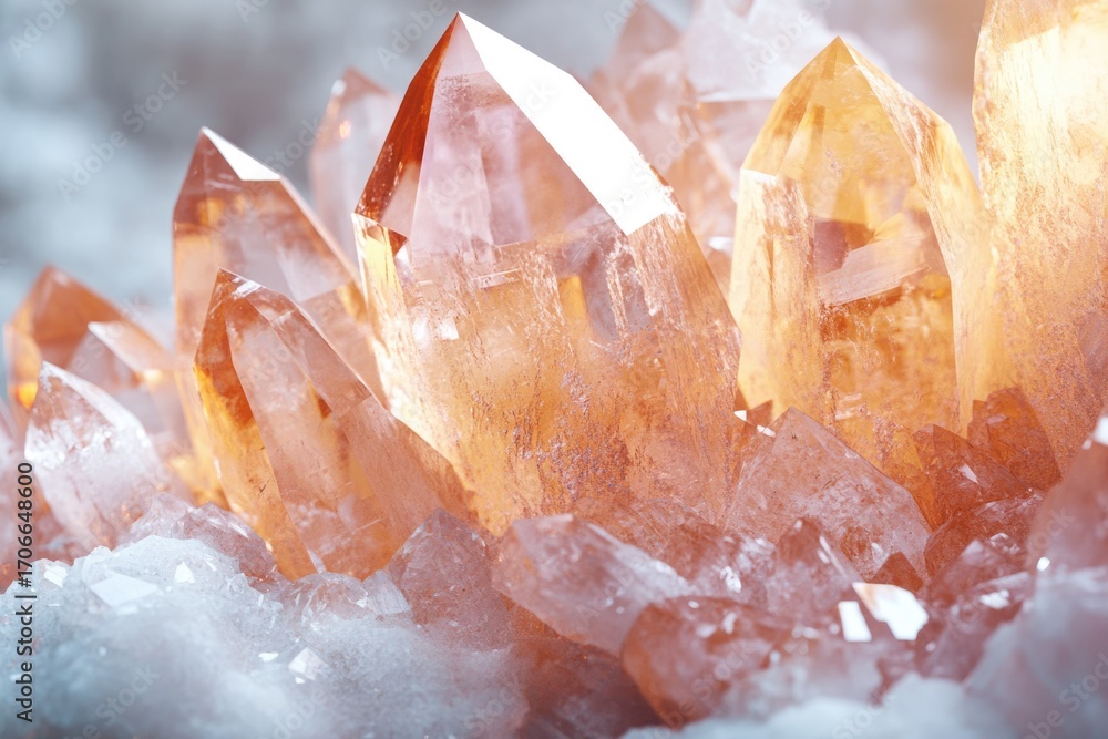 Poster cluster of translucent orange quartz crystals, showcasing sharp points and intricate formations.