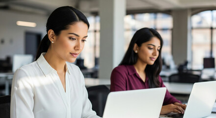 Vertical portrait of professional it specialist latin hispanic business lady working on laptop pc sitting at desk in modern office. Young middle eastern indian woman using computer technology for work