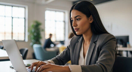 Vertical portrait of professional it specialist latin hispanic business lady working on laptop pc sitting at desk in modern office. Young middle eastern indian woman using computer technology for work