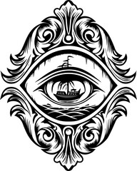 Fototapeta premium SVG tattoo portraits of ghostly sailors with skull motifs. Intricate Eye Illustration with Ship in Nautical Theme Design
