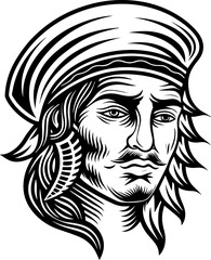 SVG tattoo portraits of ghostly sailors with skull motifs. Vintage Illustration of a Male Character with Hat and Long Hair