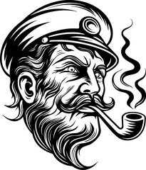 Obraz premium SVG tattoo portraits of ghostly sailors with skull motifs. Vintage Captain with Pipe and Cap Illustration in Bold Line Art Style