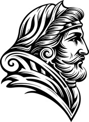 SVG tattoo portraits of ghostly sailors with skull motifs. Intricate Black and White Illustration of a Heroic Male Profile