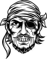 Obraz premium SVG tattoo portraits of ghostly sailors with skull motifs. Detailed Portrait of a Classic Pirate with Eye Patch and Bandana