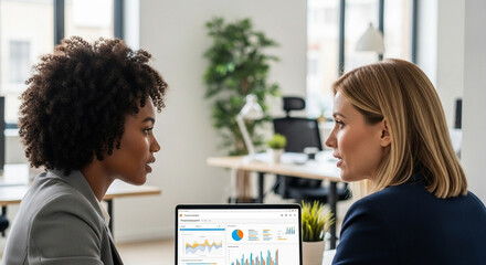 Vertical portrait of two businesswoman working together using laptop pc and talking about project. Small creative diversity team of African American and blond female executives meeting work in office.
