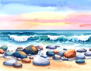 Watercolor beach scene at sunset