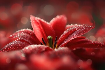 Close-up of a dew-covered red tulip, vibrant petals, bokeh background.