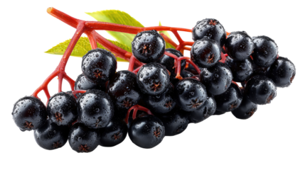 Elderberries on Branch: Close-up shot of a vibrant cluster of ripe elderberries, glistening with freshness. Their deep, rich color, along with the accompanying vibrant green leaves.