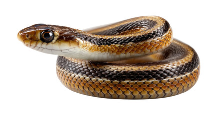 Obraz premium Serpent in repose: A solitary striped serpent gracefully coils, its detailed scales and captivating gaze evoking a sense of ancient wisdom and primal beauty.