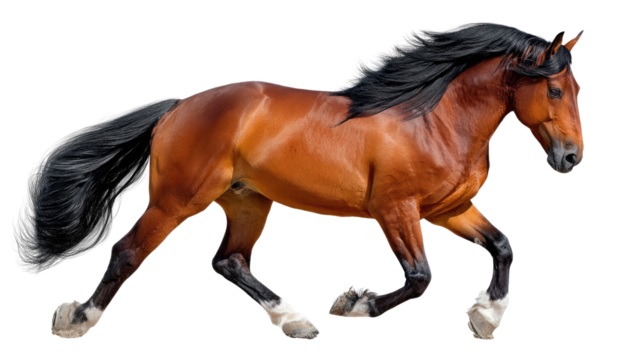Majestic Horse in Motion: A powerful and graceful horse gallops with a flowing mane and tail, exuding strength and freedom, in this expertly-captured equestrian portrait.