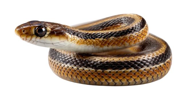 Serpent in repose: A solitary striped serpent gracefully coils, its detailed scales and captivating gaze evoking a sense of ancient wisdom and primal beauty.