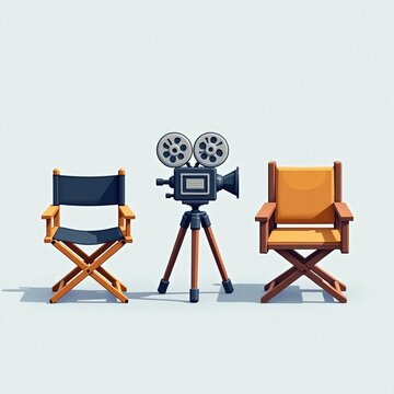 Minimalist 3D rendering of a vintage film camera flanked by two director chairs, symbolizing the movie production industry and cinematic arts