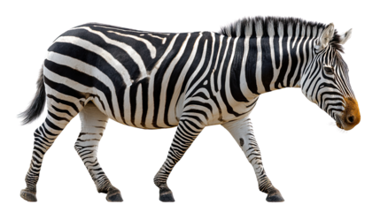 Zebra in Motion: A striking image of a zebra walking, its iconic black and white stripes creating a visual rhythm, highlighting the wild beauty of the animal in its natural elegance.