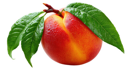 Juicy Peach: Capturing a close-up of a ripe peach, the image reveals its succulent texture, accented by vibrant leaves and fresh water droplets, an inviting treat for the senses.