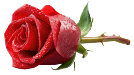 Rose in bloom: A close-up shot of a vibrant red rose, petals unfolding with delicate grace, adorned with glistening water droplets, showcasing the exquisite beauty and details of this iconic flower.