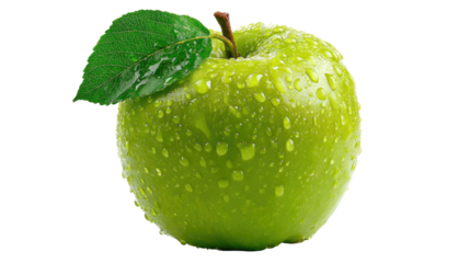 Green Apple's Dew-Kissed Beauty: A vibrant, perfectly formed green apple glistens with refreshing water droplets, its single leaf adding a touch of freshness.