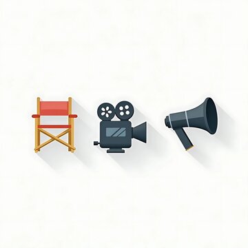 A collection of flat design icons representing the filmmaking industry, including a director's chair, a vintage movie camera, and a megaphone