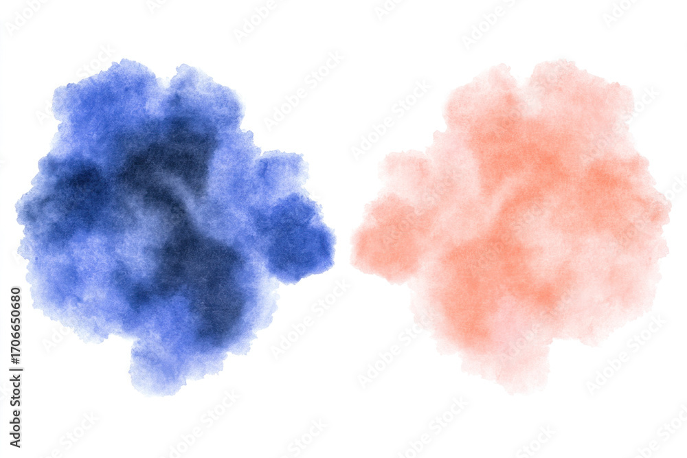 Poster two watercolor blotches float on a white background, one deep blue and one soft peach, forming a min