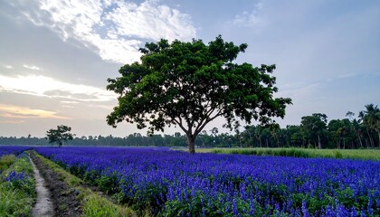 Obraz premium Lush purple flower field with a large tree