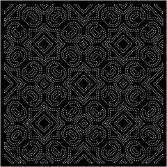 Black background with figures from dots . Black and white pattern for web page, textures, poster, card, fabric, textile. Repeating design.