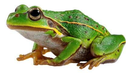 Green Frog: A close-up view of a vibrant green frog, with its smooth skin and expressive eyes. The frog sits gracefully, showcasing its amphibian characteristics in a captivating image.