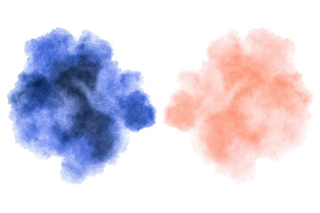 Fototapeta premium Two watercolor blotches float on a white background, one deep blue and one soft peach, forming a minimal abstract composition with subtle texture and organic shapes.
