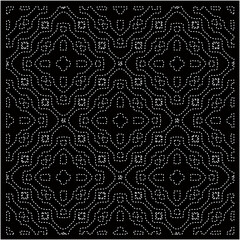 Black background with figures from dots . Black and white pattern for web page, textures, poster, card, fabric, textile. Repeating design.