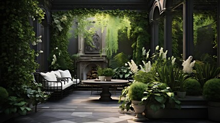Obraz premium Verdant sanctuary: A serene garden room with lush greenery and elegant furnishings beckoning