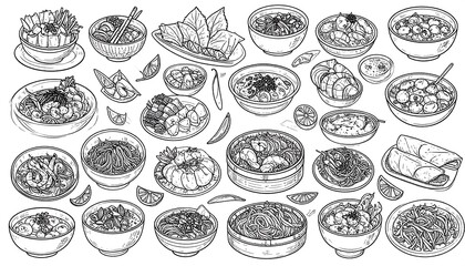 Hand-drawn collection of various Asian dishes