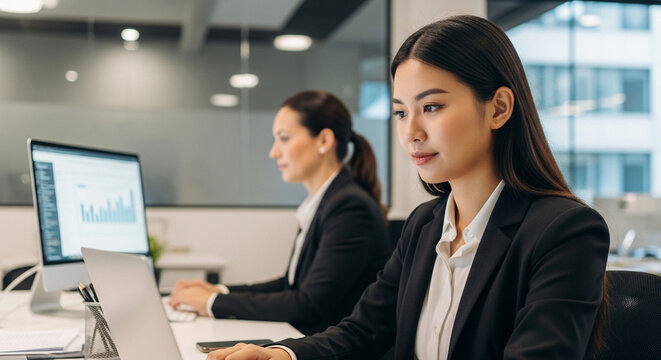 Young Asian professional it specialist business lady working on laptop pc sitting at desk in modern office space. Middle-aged woman using computer technology app for financial work. Portrait at camera