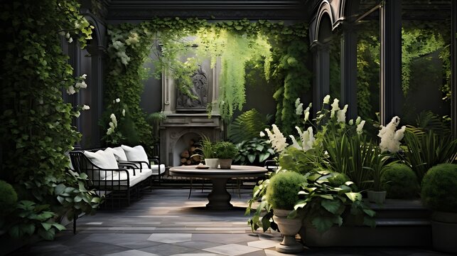 Verdant sanctuary: A serene garden room with lush greenery and elegant furnishings beckoning