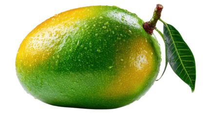 Mango: A vibrant, ripe mango is a symbol of freshness and vitality, the exquisite fruit with its green-to-yellow gradient and water droplets evoking a sensory experience