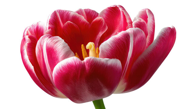 Vibrant Tulip in Bloom: An alluring close-up of a striking red tulip, its delicate petals edged with white, reveals the flower's intricate beauty and botanical elegance. 