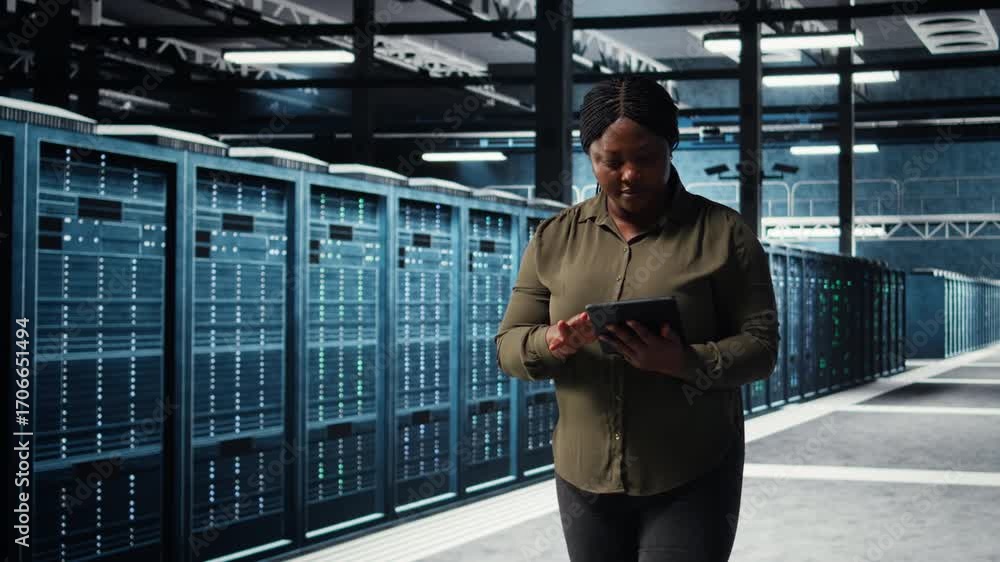 Aufkleber data center engineer using app on tablet to ensure error free rigs networks for intense computationa