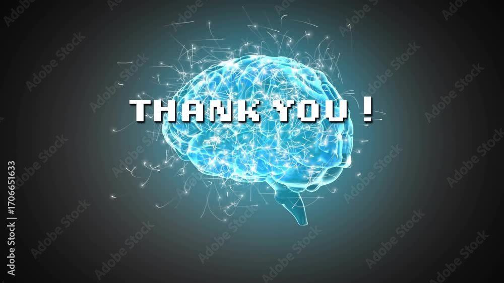 Poster at start brain materializing in void with pulsing filaments and pixel letters forming thank you!