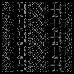 Black background with figures from dots . Black and white pattern for web page, textures, card, poster, fabric, textile. Repeating design.