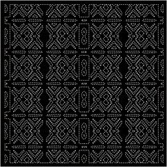 Black background with figures from dots . Black and white pattern for web page, textures, card, poster, fabric, textile. Repeating design.