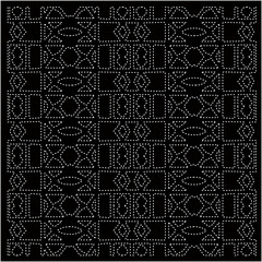 Black background with figures from dots . Black and white pattern for web page, textures, card, poster, fabric, textile. Repeating design.