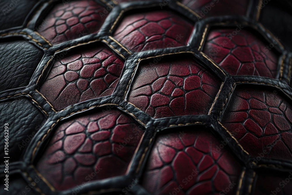 Poster close-up of hexagon-shaped dark red leather pieces stitched together with black thread, creating a t