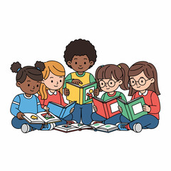 Five children sitting together reading various books.