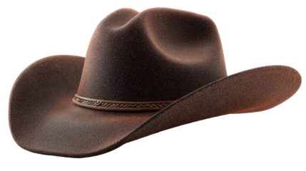 A brown cowboy hat, slightly angled,  featuring a textured surface and a decorative band