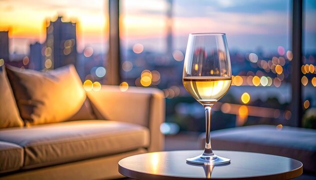 グラスとワイン・夜景のラウンジ