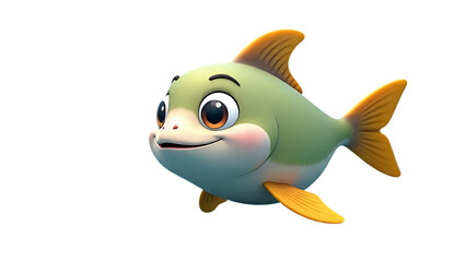 A cute cartoon fish with fins swims in the ocean, a marine illustration vector icon of aquatic wildlife isolated on white