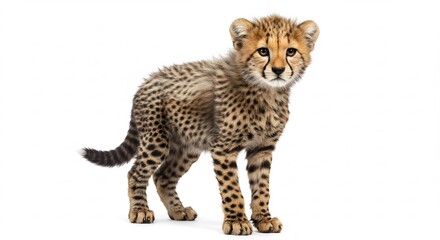 Obraz premium Adorable cheetah cub stands alert against bright white background. AI Generated