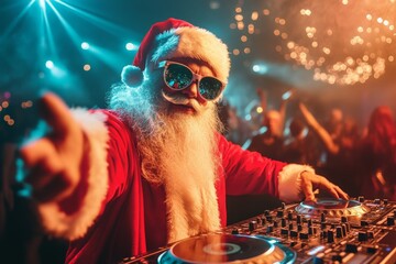 Santa Claus DJ pointing at camera in a festive nightclub