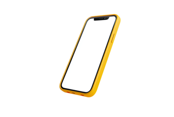 A bright, vibrant yellow smartphone angled diagonally, displaying a blank white screen.  The phone's edges and frame are a solid, bold yellow color