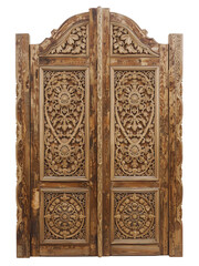Ancient brown wooden door with intricate carvings, a detailed piece of oriental art and architecture