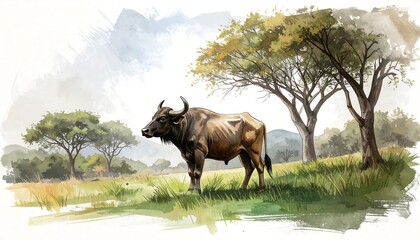 Watercolor buffalo in savanna