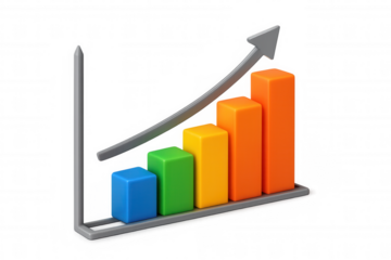 Vibrant bar graph climbing with upward arrow, depicting financial progress against transparent backdrop