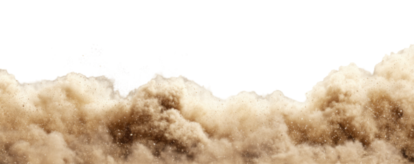 A powerful cloud of beige-brown dust erupts and billows, with a defined edge against a black background